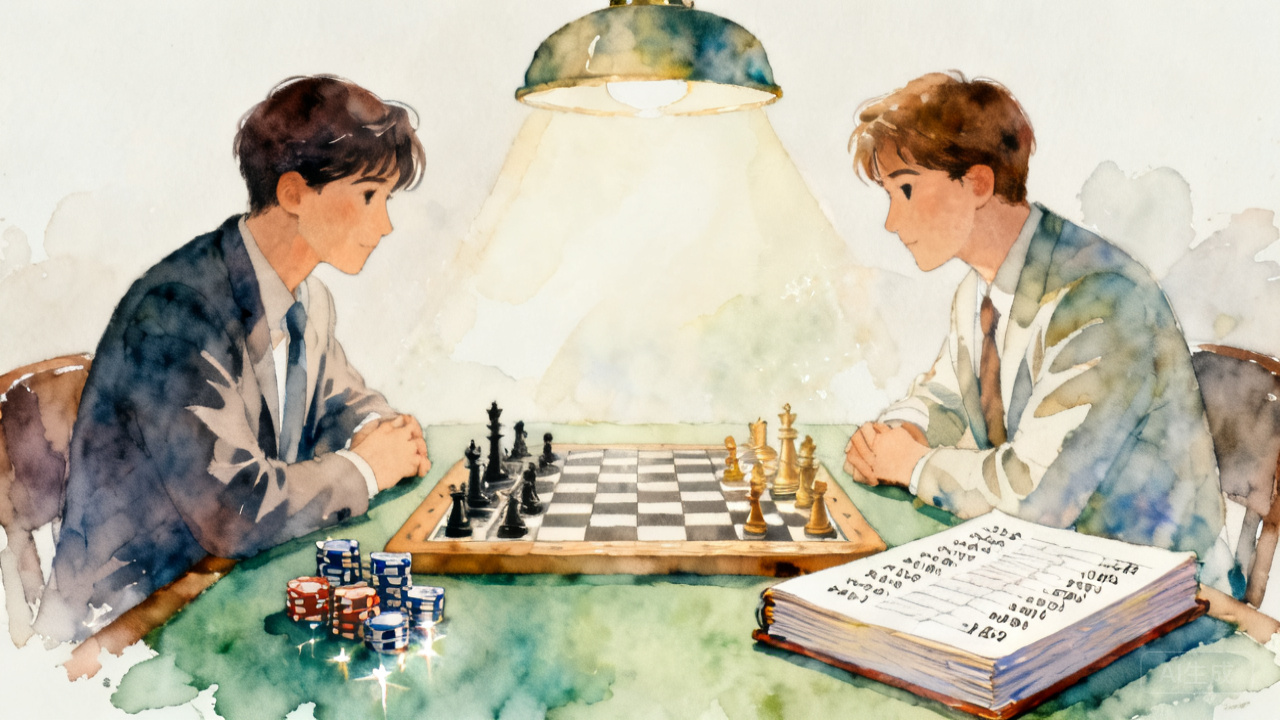 两位棋手隔着棋盘对坐，棋盘一侧摆着闪闪发亮的筹码，另一侧摊开着一本写满数字的账册